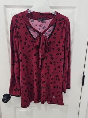 Adrienne Vittadini Wine Red Floral Tie-Neck Blouse